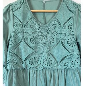 Old Navy Sage Green Crochet Lace A-Line Dress 3/4 Sleeve Boho Size M V-Neck